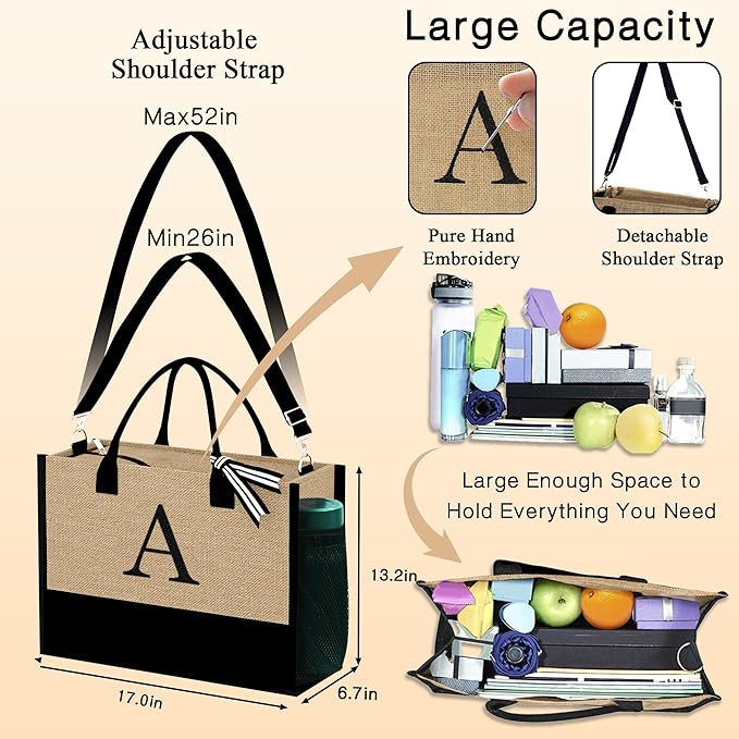 YOOLIFE Christmas Gifts for Women - Initial Jute Tote Bag & 2 Makeup Bags Personalized Gifts for Women Teacher Mom Friend