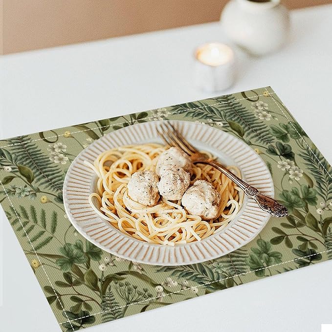 Retro Plant Placemats Set of 4, 17x12 Inch Green Leaves Retro Elegant Nature Plant Aesthetic Table Mats for Home Party Kitchen Dining Decor