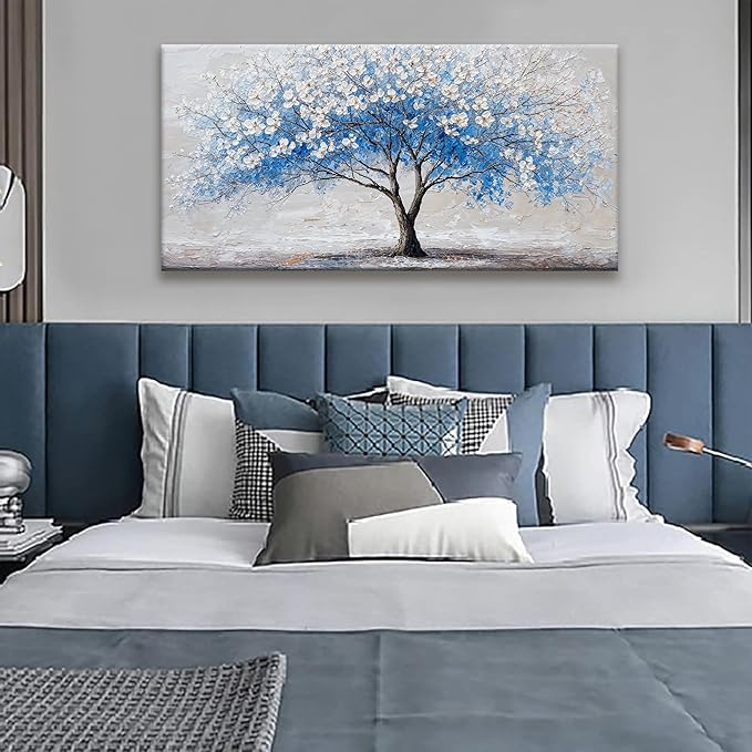 Suconvng Wall Art Blue Tree Of Life Modern Wall Artwork Canvas Art Wall Decor Pictures Painting Blue Tree Abstract Wall Decor For Living Room Bedroom Dining Room Home Office Artwork 24"×48"