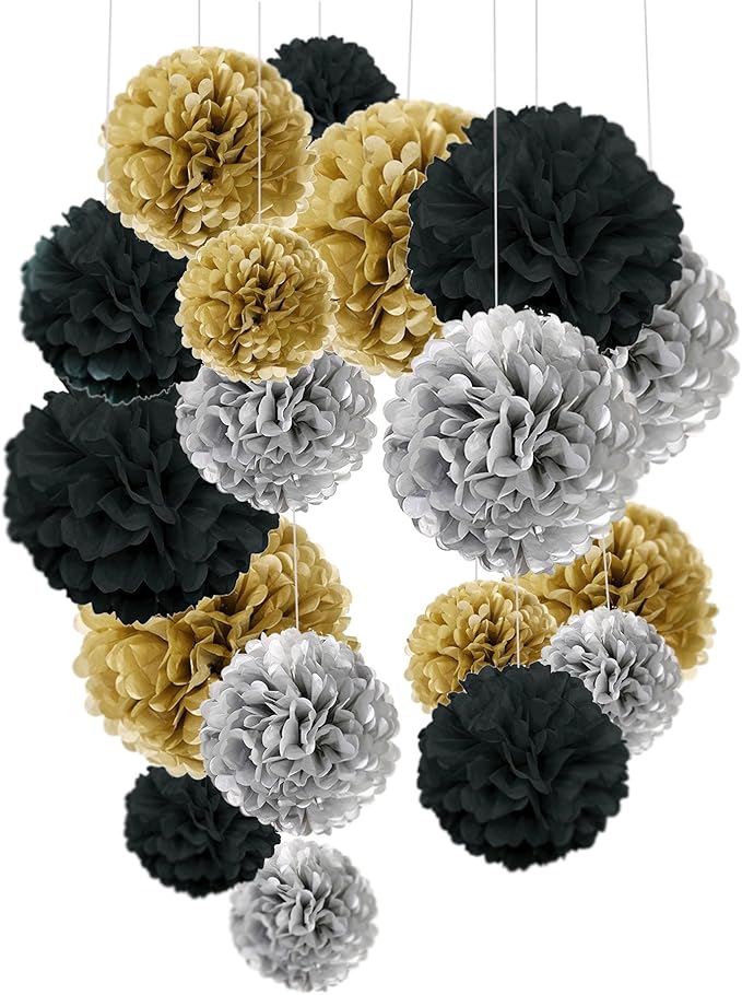 Tissue Paper Pom Poms, Recosis Paper Flower Ball for Birthday Party Wedding Baby Shower Bridal Shower Festival Decorations 18 Pcs - Black, Gold and Silver
