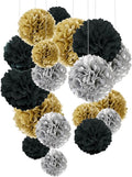 Tissue Paper Pom Poms, Recosis Paper Flower Ball for Birthday Party Wedding Baby Shower Bridal Shower Festival Decorations 18 Pcs - Black, Gold and Silver