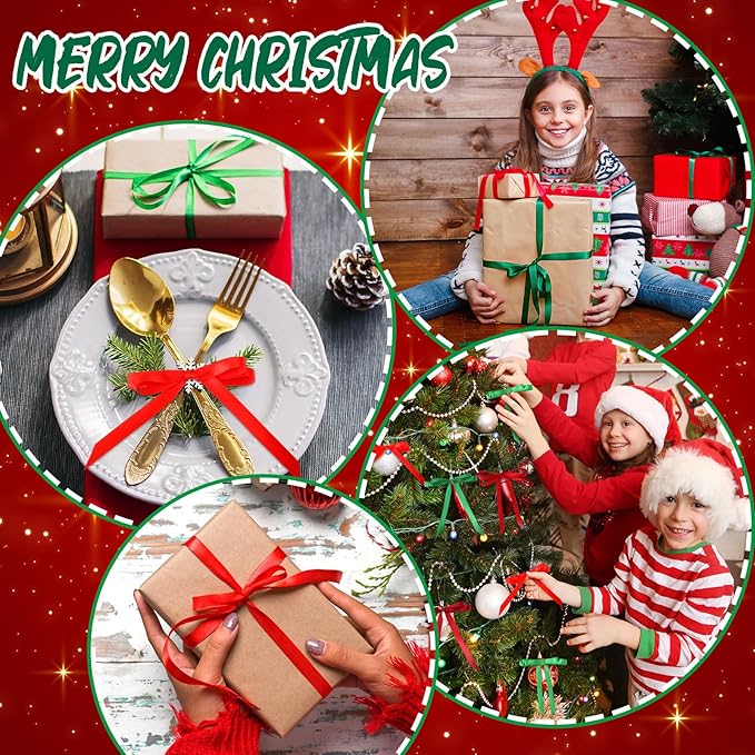 DECYOOL Christmas Ribbons, 4 Rolls 100 Yards Christmas Satin Ribbons 10mm Wide Holiday Craft Ribbons for Gift Wrapping and Xmas Decoration (Red, Green, Wine Red, Dark Green)