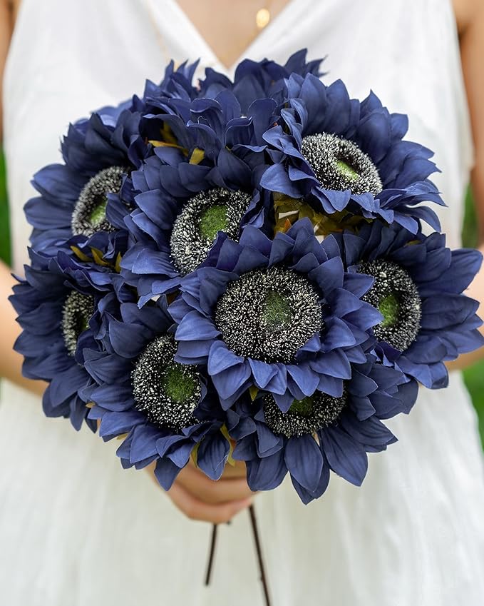 DuHouse 12pcs Artificial Sunflowers with Long Stems 5.5" Silk Sunflowers Bulk for Wedding Home Garden Outdoor Party Decoration(Blue)