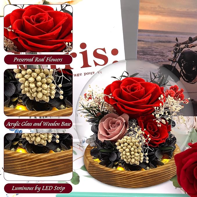 MOKOQI Birthday Gifts for Women Forever Flowers in Glass Dome, Fresh Flowers for Delivery Prime Forever Rose Gift for her Mom Wife Grandma on Christmas Birthday Anniversary