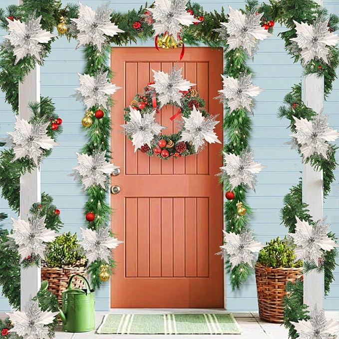 10'' Large Christmas Glitter Poinsettia Flowers Decorations, stadeco 10 Pcs Christmas Tree Picks Ornaments Artificial Flowers with Long Stems for Xmas Tree Wreath Garland Wedding Party DIY Decor