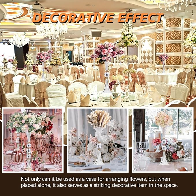 VIJIV Crystal Acrylic Trumpet Vase for Wedding Centerpieces & Home Decor - 18.9" Clear Flower Stand with Ribbed Texture, Gold Accents, Table/Floor Vase for Events, Bridal Showers & Boho Weddings