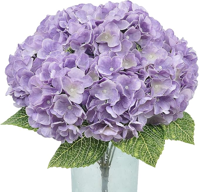 2Bouquets Artificial Fake Flowers Plants Silk Hydrangea Arrangements Wedding Bouquets Decorations Plastic Floral Home Kitchen Garden Party Festival Bar DIY (Lavender,5 Flower Heads)