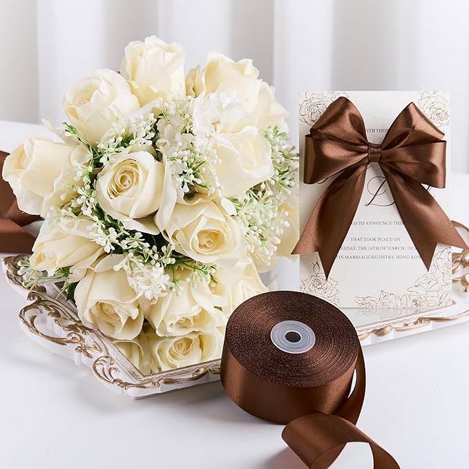 1-1/2 Inches 50 Yards Brown Satin Ribbon, Solid Fabric Ribbon Roll for Flower Bouquets, Gift Wrapping, Wedding, Handmade Crafts