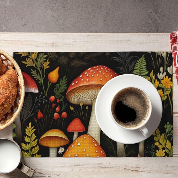 Placemats 4 pcs Mushroom Double-Layer Imitation Linen Place Mats Non-Slip Heat-Resistant Tablemats for Home Restaurant Hotel 18×12 Inch