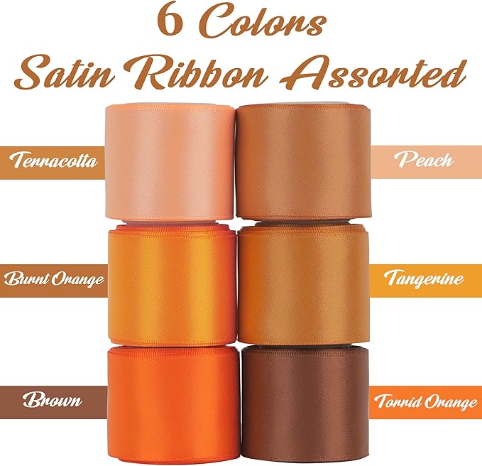 HUIHUANG Orange Ribbon 1-1/2" Burnt Orange/Terracotta/Torrid Orange/Tangerine/Peach/Brown Satin Ribbons for Fall Wedding Flower Bouquet Hair Bows Gift Wrap and Crafts- 6 Rolls, Total 30 Yards