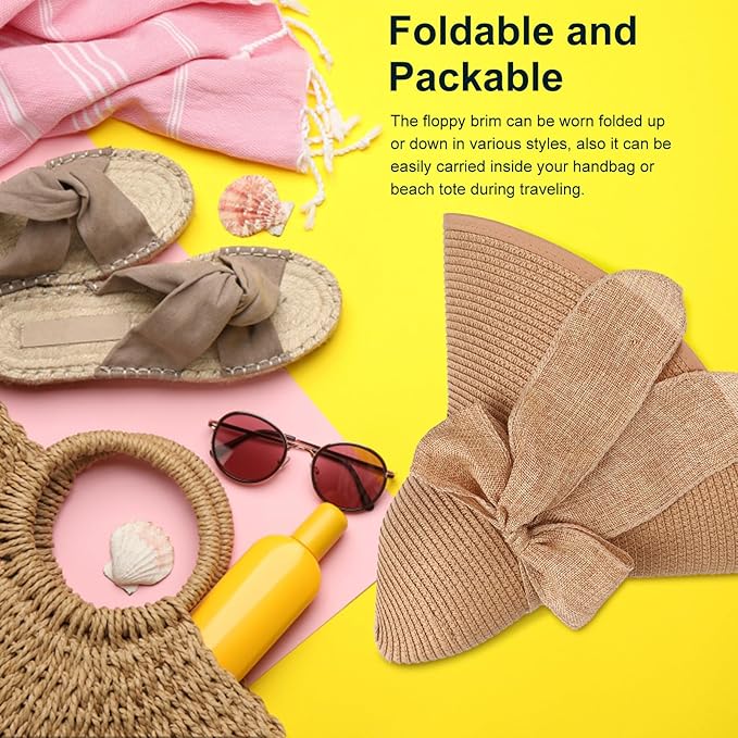 DRESHOW Beach Hats for Women Big Straw Wide Brim Summer Hat Floppy Foldable Roll up Cap Sun Hat UPF 50+