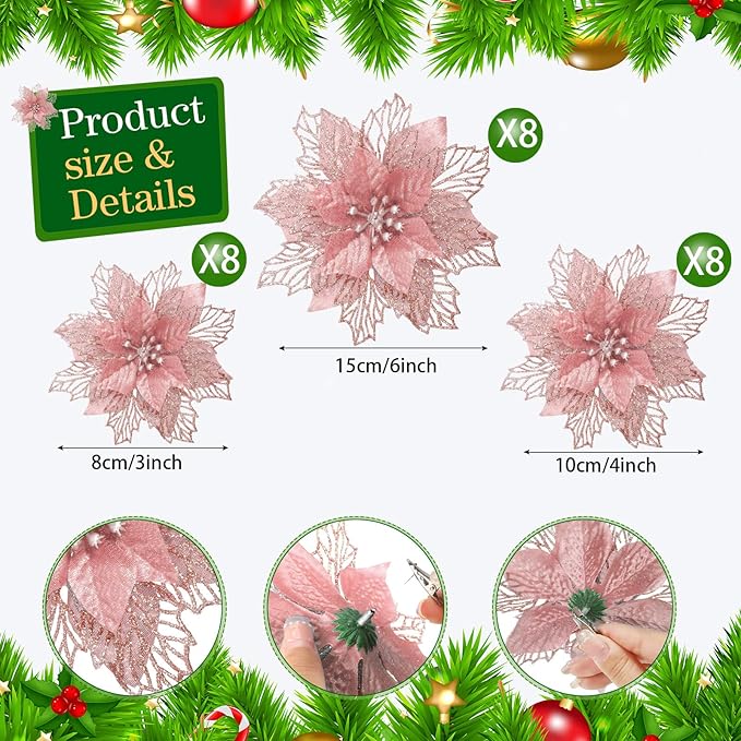 Geosar 24 Pieces Christmas Glitter Poinsettia Flowers Layered Artificial Xmas Flowers Wedding Christmas Tree New Year Ornaments 3/4/6 Inch(Rose Gold)