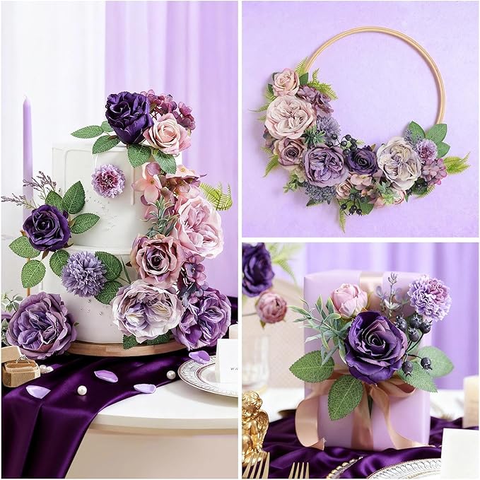 Artificial Flowers Combo Box Set Purple Fake Roses Silk Flowers with Stems for DIY Wedding Bridal Bouquets,Floral Arrangement,Table Centerpieces,Baby Shower,Home Decorations