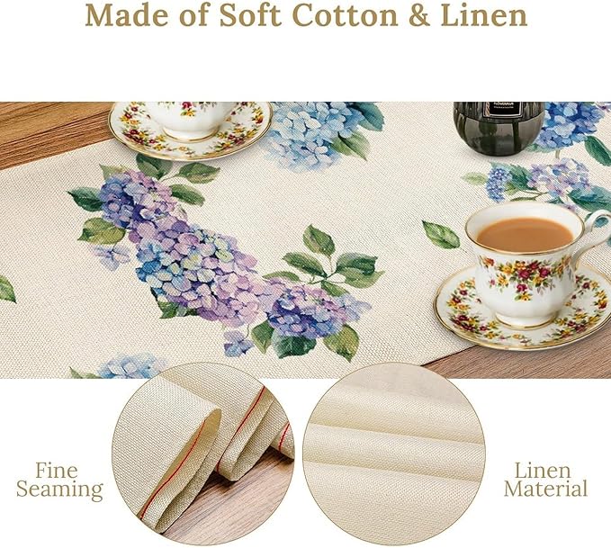 Blue Floral Table Runner, Spring Summer Watercolor Hydrangea Flower Butterfly Country Farmhouse Coffee Table Center Decor for Home Kitchen Dining Patio Holiday Party Table Decorations 13x36 inches