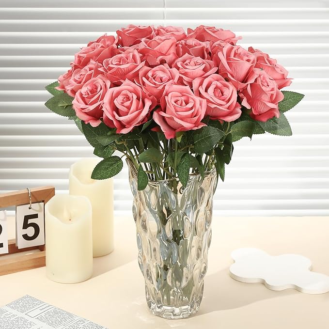 80 Pcs Roses Artificial Flowers, Silk Rose Red Artificial Flowers Petals Long Stem Roses for Wedding Bouquet Home Party Decor