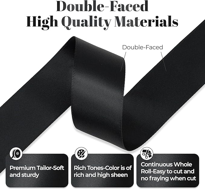 Double Faced Black Satin Ribbon, 1 Inch X 50 Yards Polyester Ribbon for Gift Package Wrapping, Crafts, Bow Making, Sewing, Flower Bouquet, Wedding Party Decor