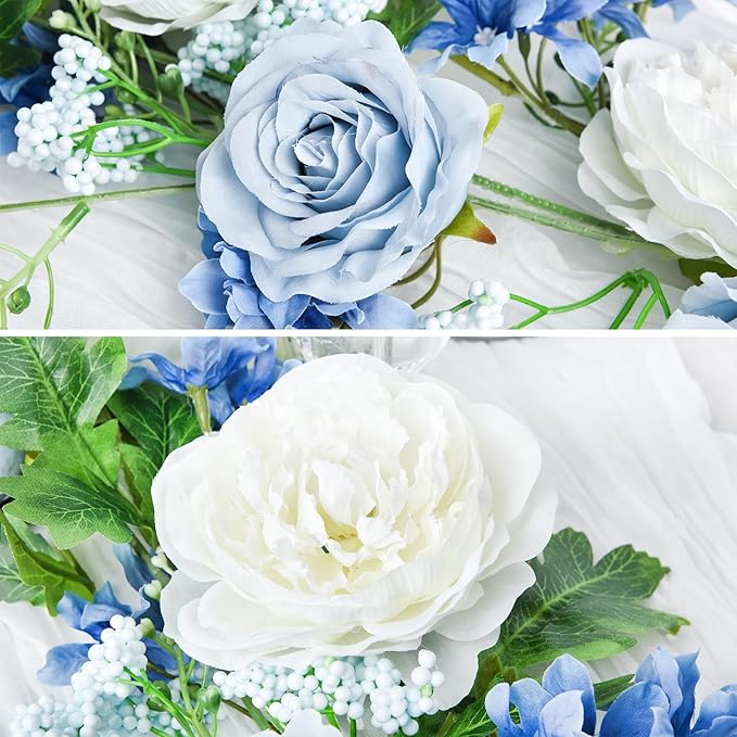 Lvydec 2 Pack Artificial Peony Flower Garland - 6ft Silk Peony Red Flower Garland Arch Flower Vine for Wedding Party Table Decoration(Blue and White)