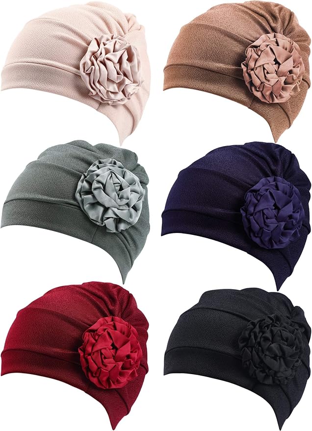 6 Pieces Women Turban Flower Caps Elastic Beanie Headscarf Vintage Headwrap Hats
