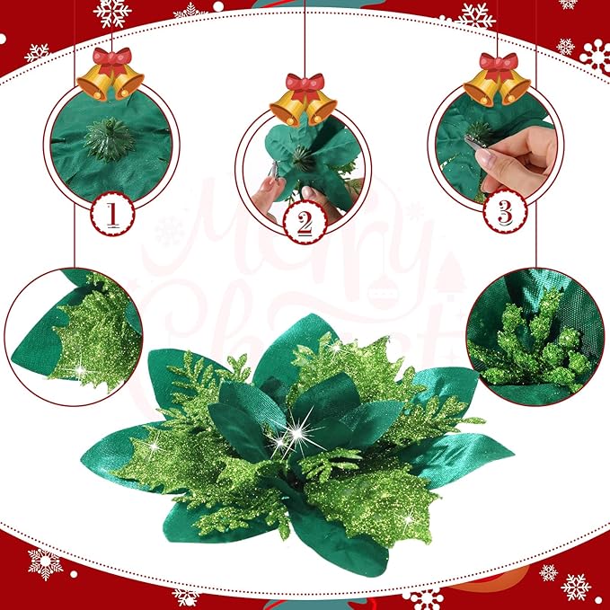 Geosar 36 Pcs Christmas Glitter Artificial Poinsettia Flowers Xmas Poinsettia Artificial Wedding Flowers Decorations Xmas Tree Ornaments with Clips for Party, 6 Inch, 4 Inch, 3 Inch(Grass Green)