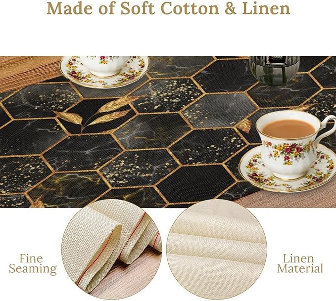 Black Grey Marble Table Runner Marble Hexagon Texture Golden Leaves Abstract Seasonal Dinner Runner Table Decoration for Farmhouse Home Kitchen Dining Holiday Party 13x60in