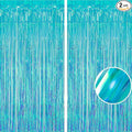 BRAVESHINE Iridescent Blue Foil Fringe Backdrop - 2 Pack 3.2x6.5 ft Holographic Tinsel Streamers Curtains for Christmas/Frozen/Winter’s Snowflake/Birthdays/Mermaid/Sea/Baby Party Decorations