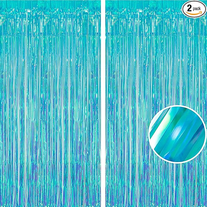 BRAVESHINE Iridescent Blue Foil Fringe Backdrop - 2 Pack 3.2x6.5 ft Holographic Tinsel Streamers Curtains for Christmas/Frozen/Winter’s Snowflake/Birthdays/Mermaid/Sea/Baby Party Decorations