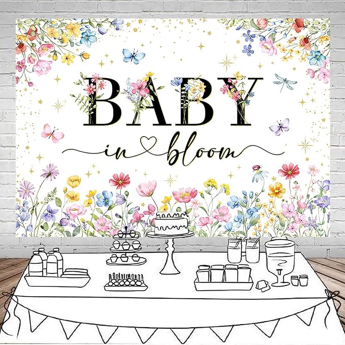 Mocsicka Wildflower Backdrop Baby in Bloom Floral Baby Shower Decorations Girls Butterfly Golden Dot A Little Wildflower is On The Way Decorations for Baby Shower Background Banner