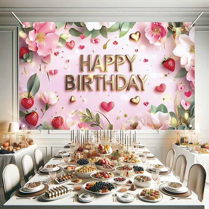 Pink Happy Birthday Backdrop Banner Gold Floral Heart Strawberry Design Photography Background Girls Birthday Party Decorations Photo Booth Supplies 71x43 Inch