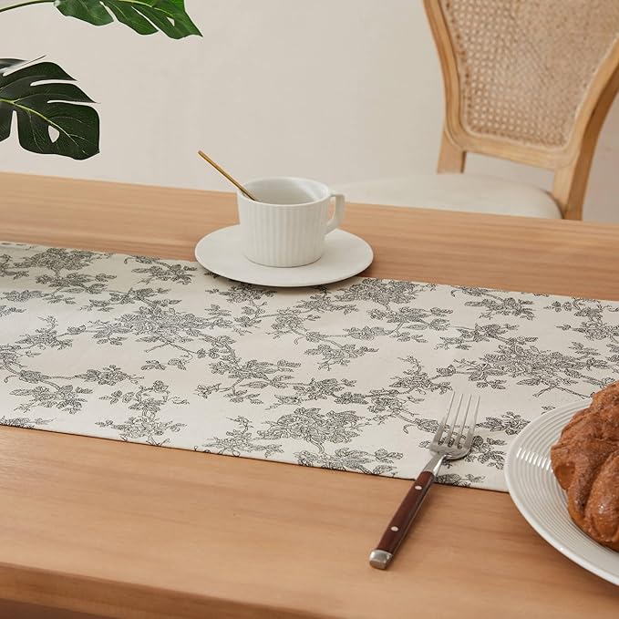 100% Cotton French Pastoral Table Runners, 13x72 Inch Black Farmhouse Table Runners 72 Inches Long, Vintage Flowers Print Home Decors