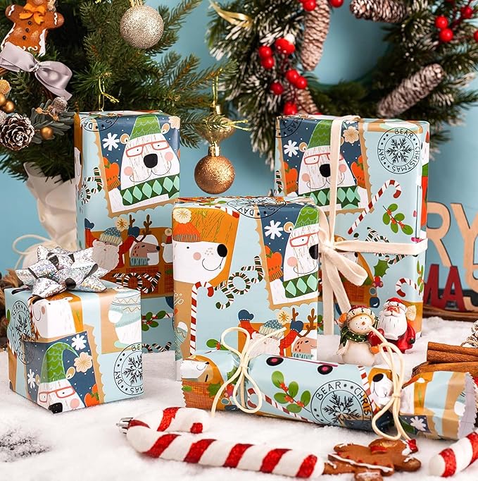 MAYPLUSS Christmas Metallic Foil Shine Gift Wrapping Paper - 17 Inch X 33 Feet - Cute Polar Bear on Scooter, Snowman, Candy Cane and Deer Pattern Gift Wrap Present Paper Roll for Winter, Holiday