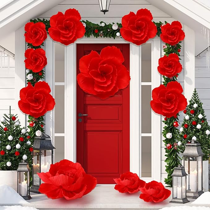 Giant Paper Flowers Artificial Large Paper Flower Decoration for Handcrafted Wall Backdrop Christmas Mexican Wedding Graduation Bridal Shower Birthday Party Supplies(Red,12 Pcs)