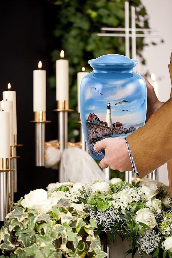 Lighthouse Urn - Full Size Portland Head Lighthouse Cremation Urn – Adult Urns for Men and Women – Ocean Blue Funeral and Memorial Urns for Human Ashes Upto 210 Lbs with Velvet Bag (Large)