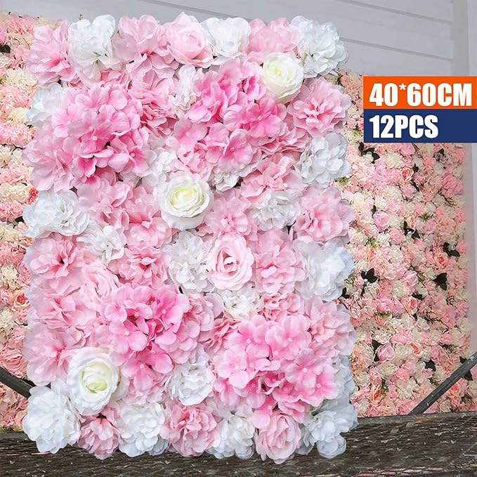 16"x 24" Artificial Flower Wall Panels,Flower Wall Mat Silk Flower Panels for Outdoor Garden Backyard Fence Fence Privacy Screen and Indoor Wall Decor(12Pcs Pink+White,Style 2)