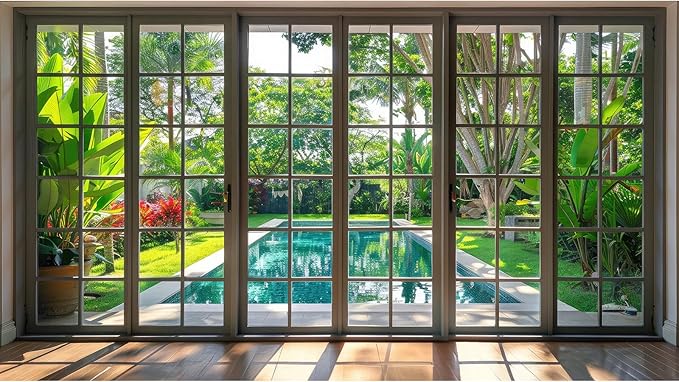 Window Scenery Photography Backdrop Windowsill Backyard with Pool and Garden Background Tropical Plants Photocall Background Party Banner Wall Decor Baby Kids Family Photo Shoot Props 10x8ft