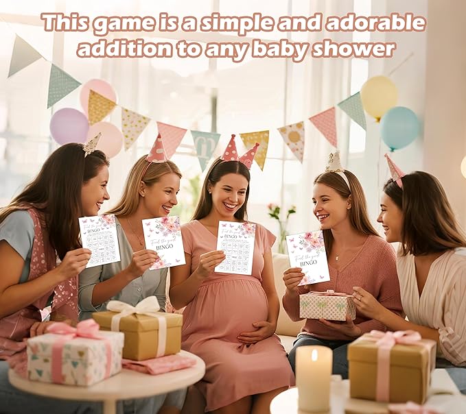 Baby in Bloom Baby Shower Games, Floral Find The Guest Bingo Game for 30 Guests with Game Cards, Gender Reveal Supplies & Decorations (DV22)