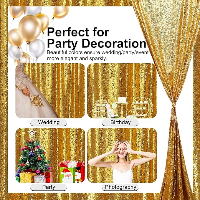 Sequin Backdrop Curtain 4 Panels 2FTx8FT Glitter Background Drapes Sparkle Photography Backdrop for Party Wedding Birthday Wall Decoration (Red× 2 and Gold×2)