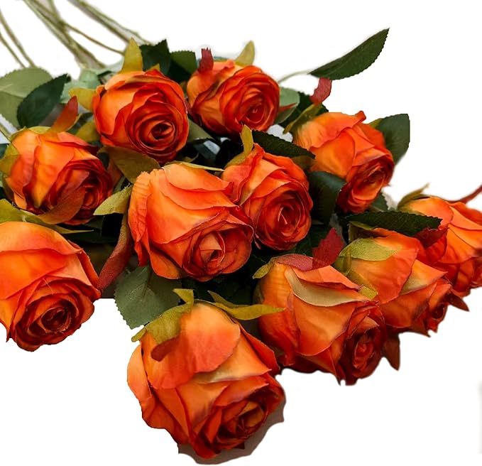 Artificial Roses 10 Pcs - Lifelike Single Stem Fake Roses with Natural Petal Texture,Fade-Resistant Silk Flowers for Wedding Decor,Home Vase Arrangements,Party Centerpieces(10, Red - Orange)