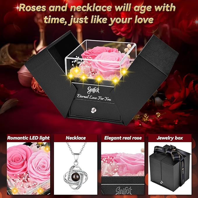 2 Preserved Rose Gift for Women - Eternal Rose with I Love You Necklace - Romantic Birthday Gifts for Girlfriend Mom Her Wife Grandma on Valentines Mothers Day Anniversary Christmas-Pink