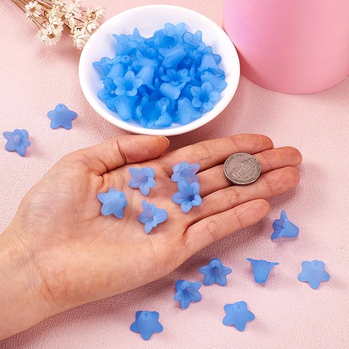50Pcs Trumpet Flower Beads Frosted Acrylic Flower Bead Caps Blue Charms Bell Floral Pendants Floral Spacer Beads End Caps for Jewelry Making