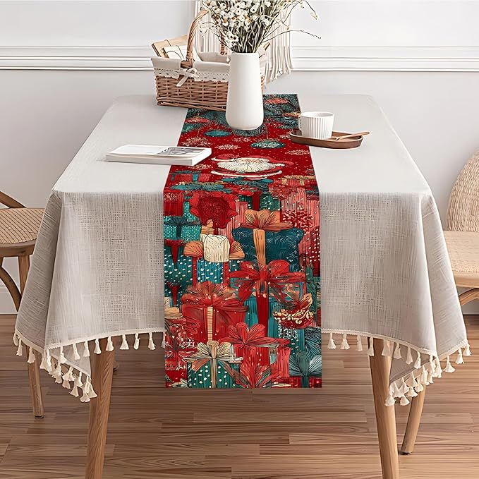 Christmas Table Runner 13 x 72 Inch, Vintage Santa Claus with Pine Branches and Gift Boxes, Red Festive Holiday Dining Table Decoration, Xmas Party Table Centerpiece