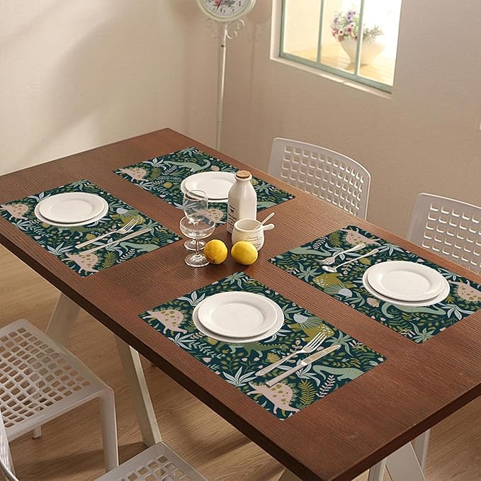 Placemats Set of 4 Dinosaurs and Tropical Leaves Dining Place Mats Linen Table Mat for Farmhouse Home Kitchen Decor 12 X 18 Inch