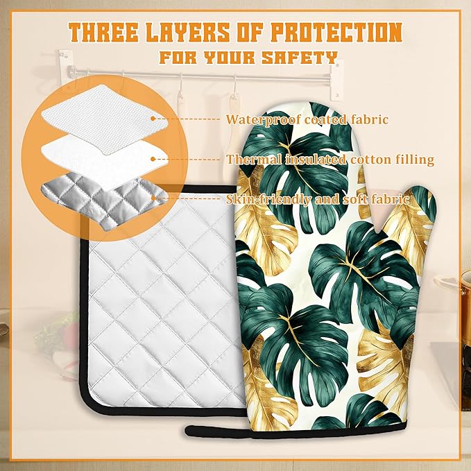 Palm Leaf Golden Tropical Oven Mitts and Pot Holders Set,Kitchen Decor Heat Resistant Non Slip Hot Pads and Oven Mitt for Chef Cooking Baking BBQ Mom Girl Gifts(4 Piece Set)