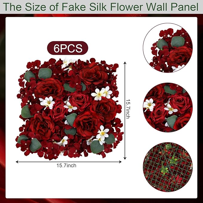 Pack of 6 Artificial Silk Flower Panels, Faux Floral Wall Background for Wedding Party Engagement Bridal Shower Arrangement Home Decorations - Burgundy