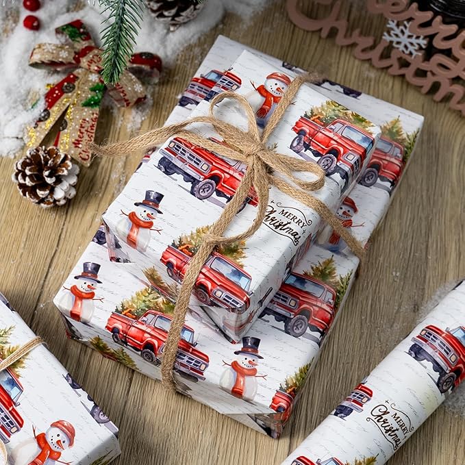 MAYPLUSS Christmas Wrapping Paper Roll - 17 In x 33 Feet - Cute Watercolor Christmas Tree Truck Snowman Gift Wrap Paper for New Year, Holiday, Kids