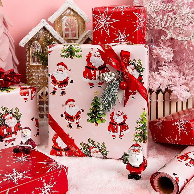 MAYPLUSS Christmas Wrapping Paper Roll - 17 Inch X 33 Feet - Cute Santa Claus Christmas Tree Reversible Strip Gift Wrapping Paper, Thick Wrap Paper for Holiday Party New Year Kids