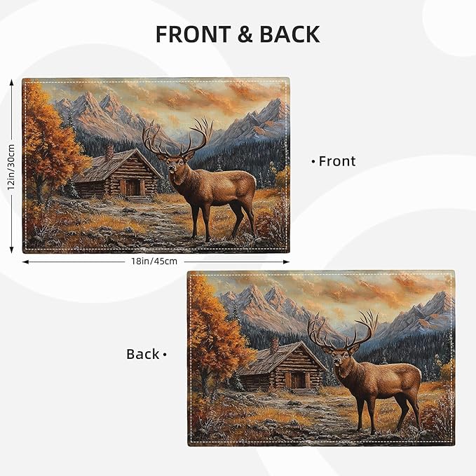 Farmhouse Deer Placemats Set of 6, Country Natural Place Mats, Rustic Forest Lodge Elk Wildlife Dining Table Mats, Washable Placemats for Kitchen Dining Room 18L'' × 12W''
