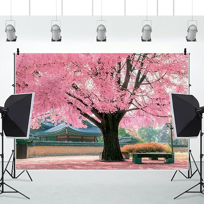 Renaiss 9x7ft Pink Cherry Blossom Backdrop Polyester Fabric Japan Cherry Floral Tree Landscape Palace Asian Themed Party Photography Background Wedding Birthday Party Decor Photo Booth Props