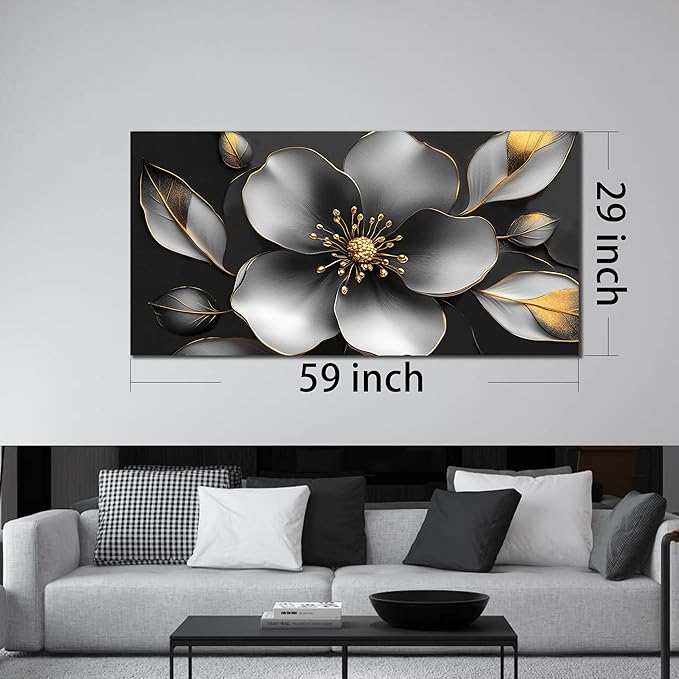 Large Canvas Wall Art for Living Room Bedroom Home Office Grey Metal Color Flower Picture Modern Canvas Prints Framed Wall Decor Size 29x59