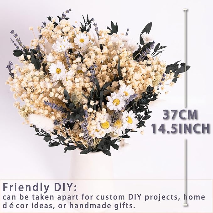 Handmade Dried Flower Bouquet – Natural White, Lavender, Baby’s Breath, Pampas Grass & Eucalyptus – Rustic Boho Style for Home Decor, Weddings, Gifts, and Events