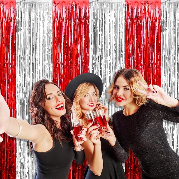 4 Pack Foil Fringe Curtain Backdrop, 3.28Ft x 8.2Ft Metallic Tinsel Foil Fringe Streamers Curtains for Photo Booth, Wedding, Circus Welcome Carnival Birthday Party Decoration Silver Red